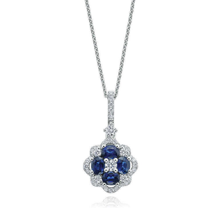 9ct White Gold Round Brilliant Cut Sapphire with 1/2 Carat tw of Diamonds Pendant