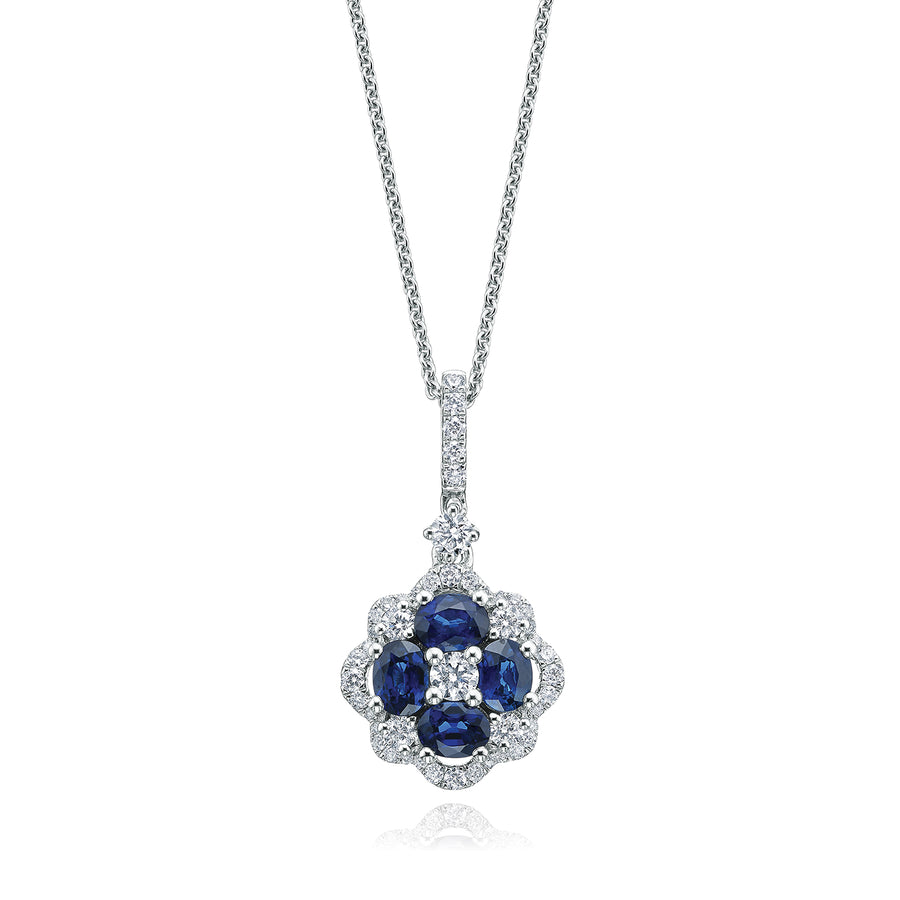 9ct White Gold Round Brilliant Cut Sapphire with 1/2 Carat tw of Diamonds Pendant