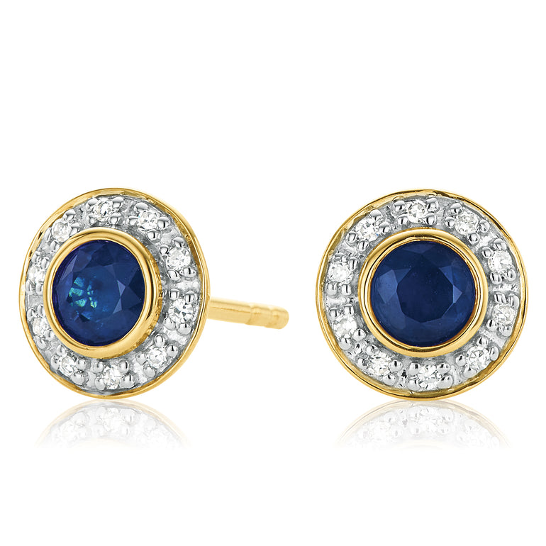 9ct Yellow Gold Round Brilliant Cut Sapphire Diamond Set Earrings