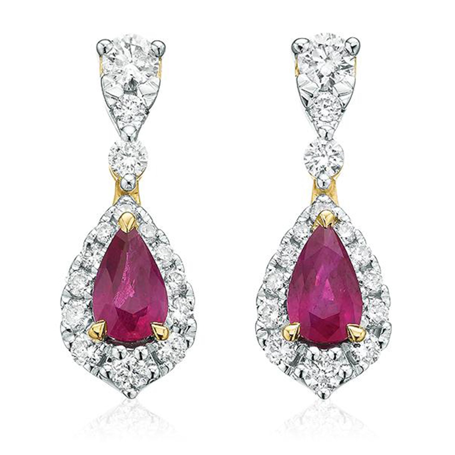 9ct Yellow Gold Pear Cut Natural Ruby & 0.30 Carat tw of Diamonds Earr ...