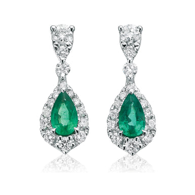9ct White Gold Pear Cut Natural Emerald & 0.30 Carat tw of Diamonds Earrings