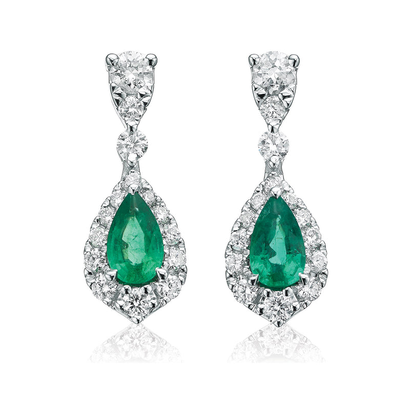9ct White Gold Pear Cut Natural Emerald & 0.30 Carat tw of Diamonds Earrings