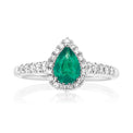 18ct White Gold Pear Cut Natural Emerald & Round Brilliant Cut Diamond Set Ring