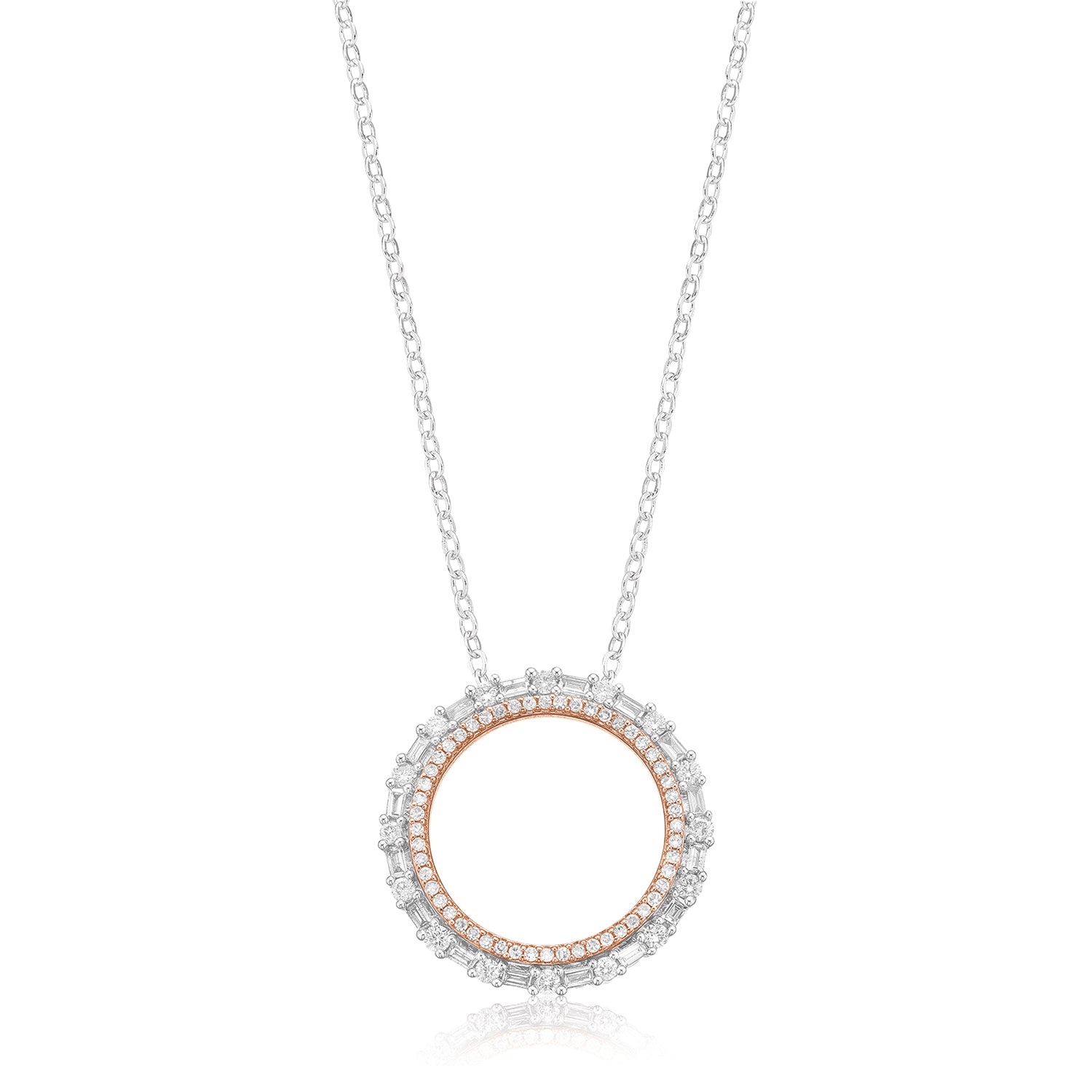 9ct White & Rose Gold Round Brilliant & Baguette Cut 3/4 Carat tw of Diamonds Pendant