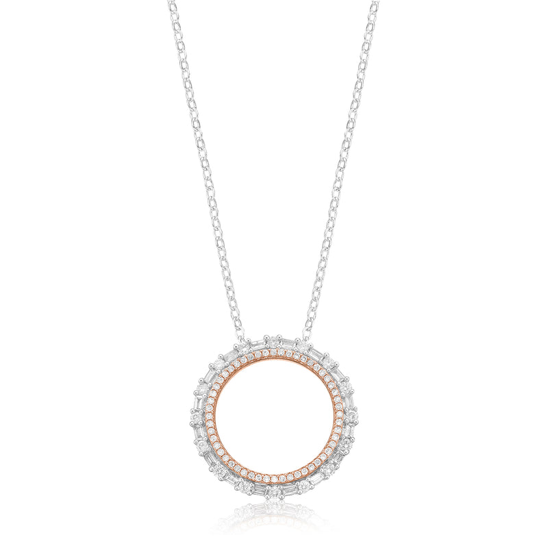 9ct White & Rose Gold Round Brilliant & Baguette Cut 3/4 Carat tw of Diamonds Pendant