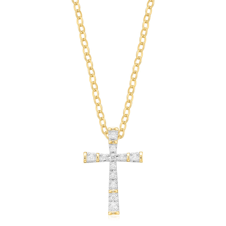 9ct Yellow Gold Round Brilliant Cut 0.07 Carat tw Diamond Cross Pendant