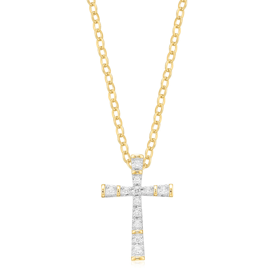 9ct Yellow Gold Round Brilliant Cut 0.07 Carat tw Diamond Cross Pendant