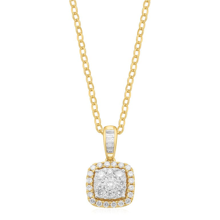 9ct Yellow Gold Baguette & Round Brilliant Cut Diamond Pendant