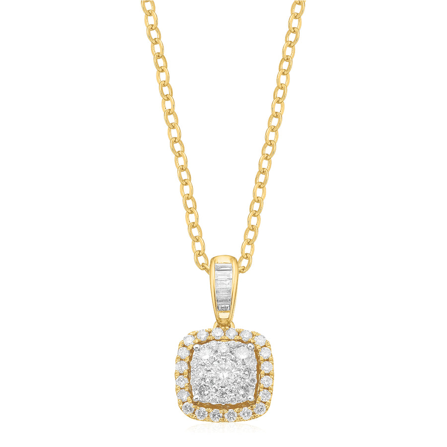 9ct Yellow Gold Baguette & Round Brilliant Cut Diamond Pendant