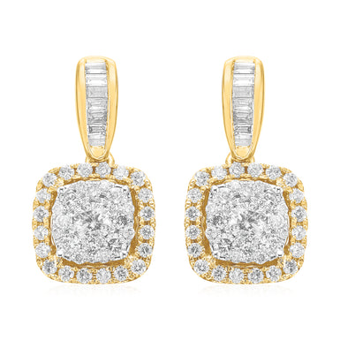 9ct Yellow Gold Baguette & Round Brilliant Cut 0.75 Carat TW Diamond Earrings