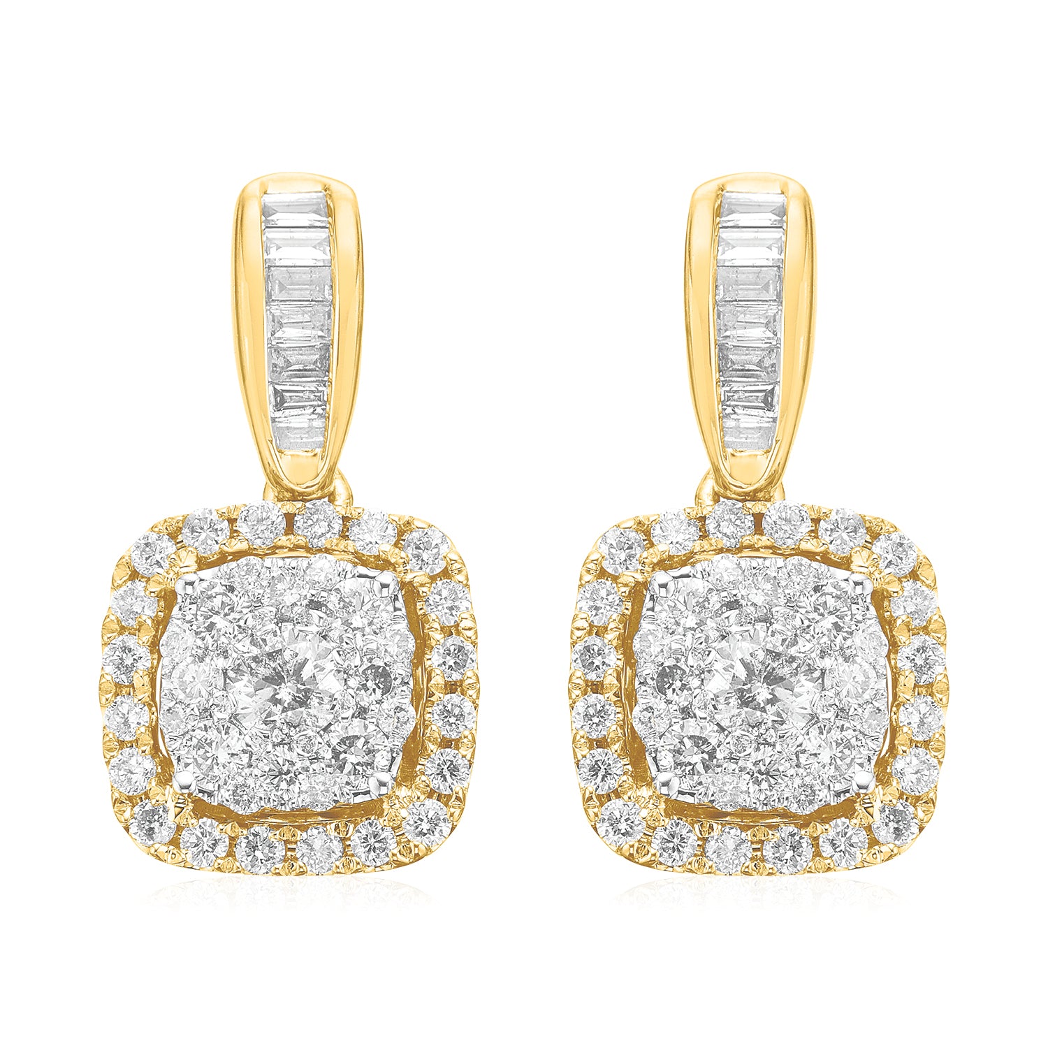 9ct Yellow Gold Baguette & Round Brilliant Cut 0.75 Carat TW Diamond Earrings