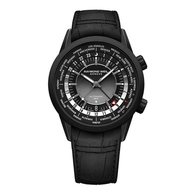 Raymond Weil Freelancer Men's GMT Worldtimer Black Leather Watch