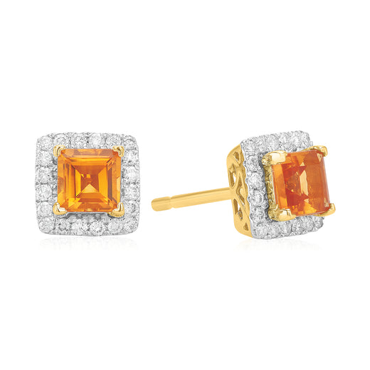 9ct Yellow Gold Princess & Round Brilliant Cut Citrine & diamond 0.15 ctw Earrings