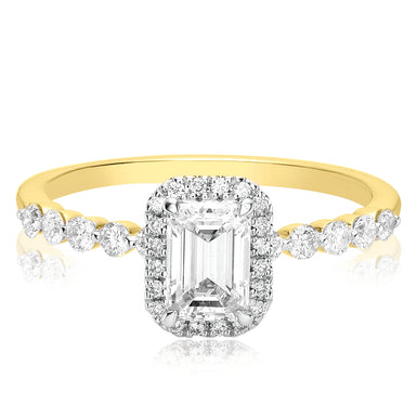 Halo Certified 18ct Yellow Gold Emerald & Round Brilliant Cut 1.00 ctw Diamond Ring
