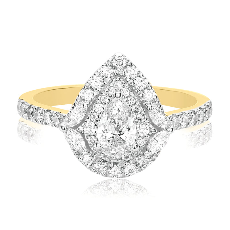 Halo Certified 18ct Yellow Gold Pear & Round Brilliant Cut 1.00 ctw Diamond Ring