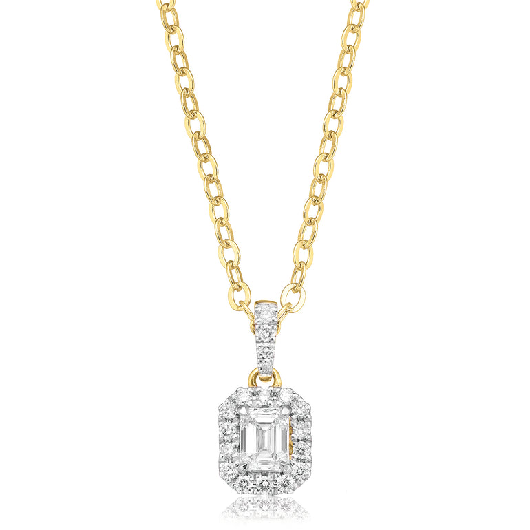 Halo Certified 18ct Yellow Gold Emerald & Round Brilliant Cut 0.40 ctw Diamond Pendant