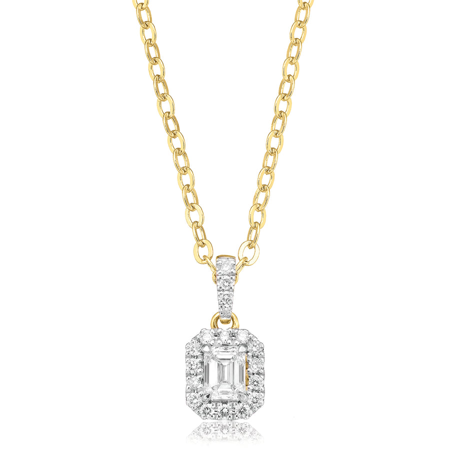 Halo Certified 18ct Yellow Gold Emerald & Round Brilliant Cut 0.40 ctw Diamond Pendant