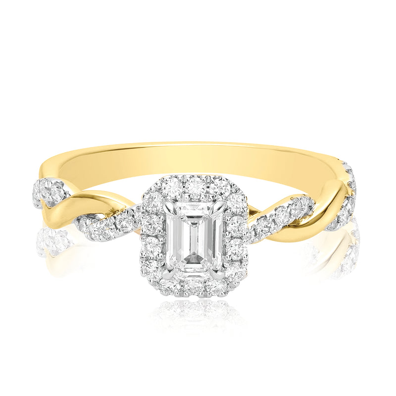 Halo 18ct Yellow Gold Emerald & Round Brilliant Cut 0.75 ctw Ring