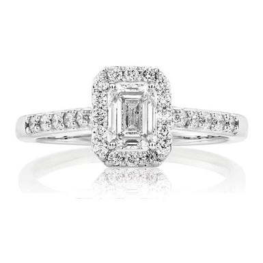 Halo 18ct White Gold Emerald & Round Brilliant Cut with 1 CARAT tw of Diamonds Ring