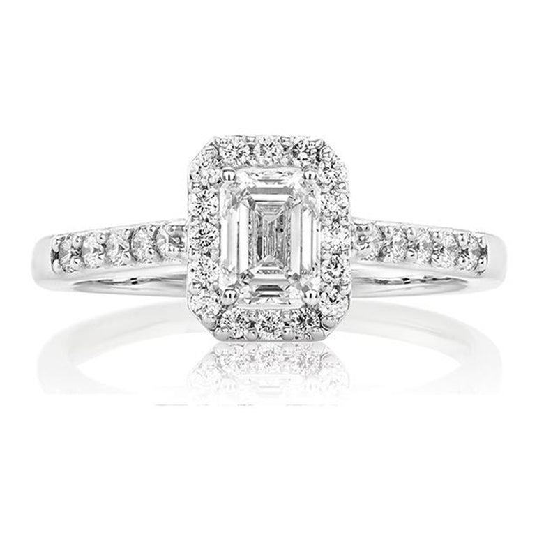 Halo 18ct White Gold Emerald & Round Brilliant Cut with 1 CARAT tw of Diamonds Ring