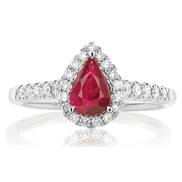 18ct White Gold Pear Cut Ruby & Round Brilliant Cut 1/4 Carat tw of Diamonds Ring