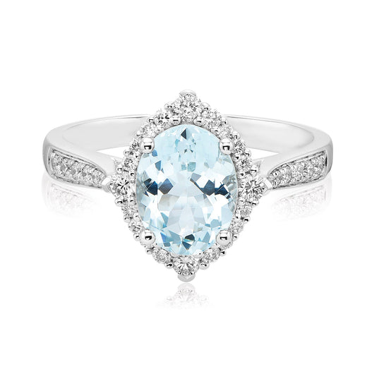 18ct White Gold  Oval Cut Aquamarine with 0.34 CARAT tw of Diamonds Ring