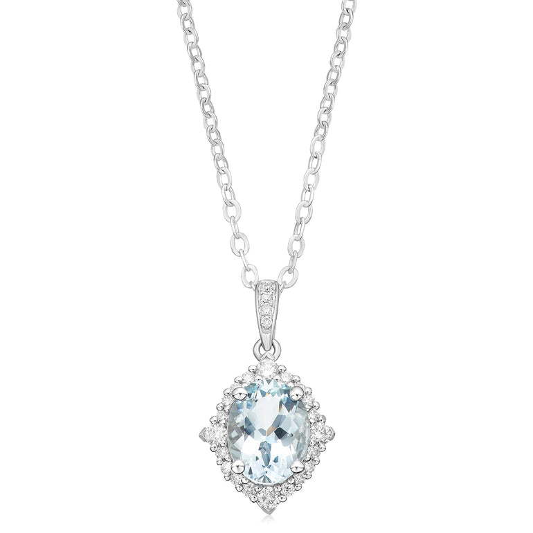 18ct White Gold  Oval Cut Aquamarine with 1/4 CARAT tw of Diamonds Pendant