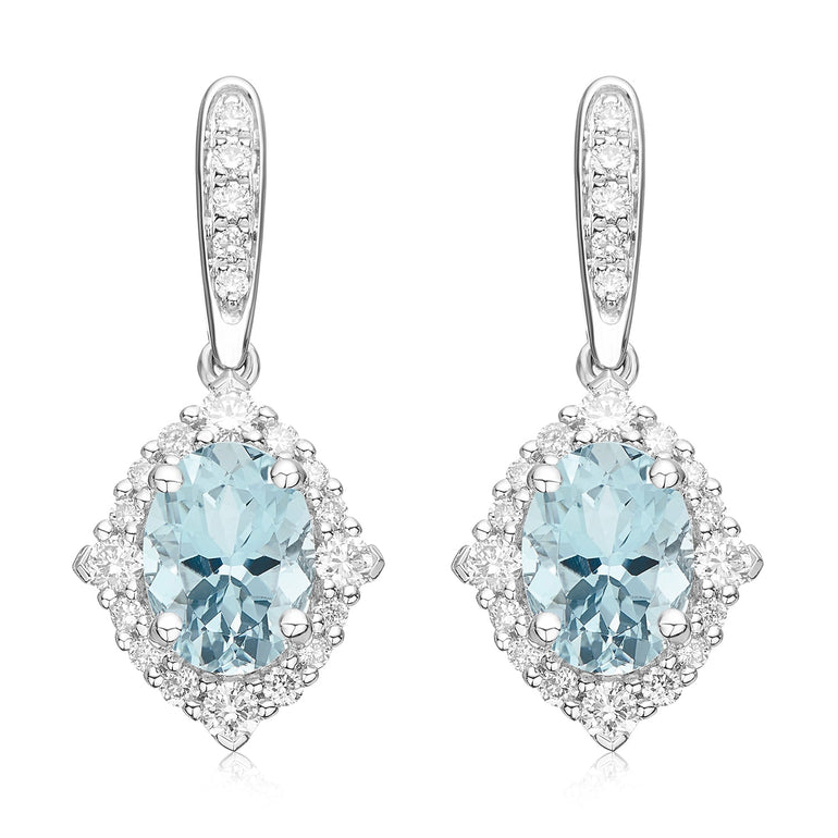 18ct White Gold  Oval Cut Aquamarine with 0.35 CARAT tw of Diamonds Earrings