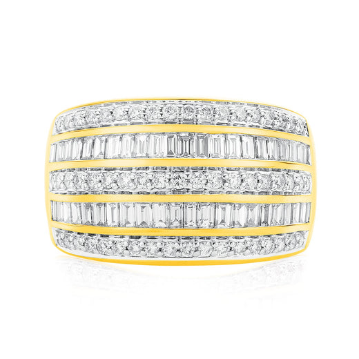9ct Yellow Gold Round Brillant & Baguette Cut 1 CARAT tw of Diamonds Ring