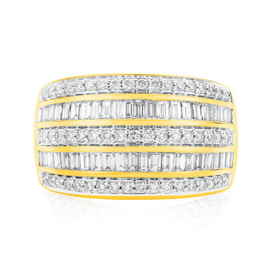 9ct Yellow Gold Round Brillant & Baguette Cut 1 CARAT tw of Diamonds Ring