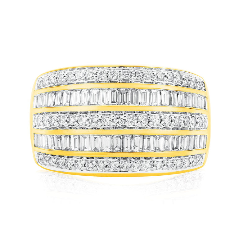 9ct Yellow Gold Round Brillant & Baguette Cut 1 CARAT tw of Diamonds Ring