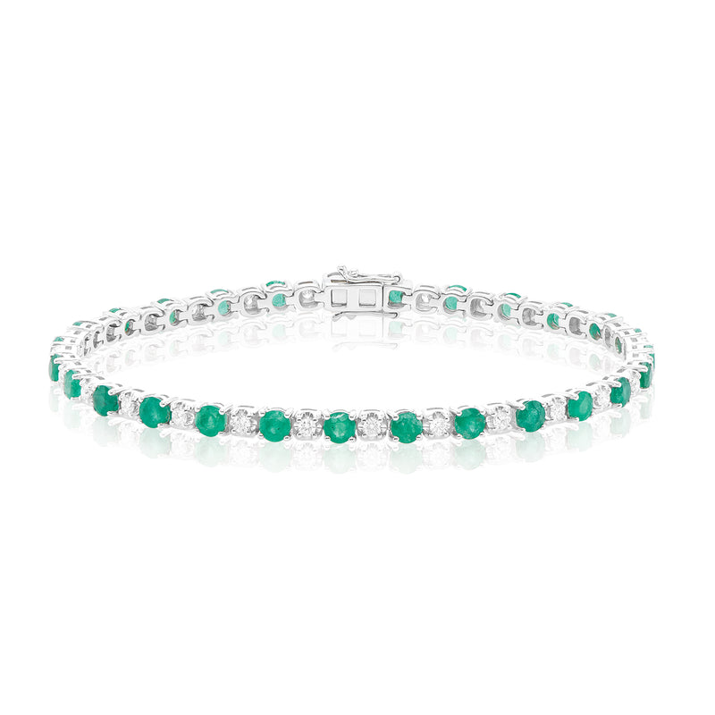 9ct White Gold Round Brilliant Cut 0.80 Carat tw of Diamonds and Emerald Tennis Bracelet