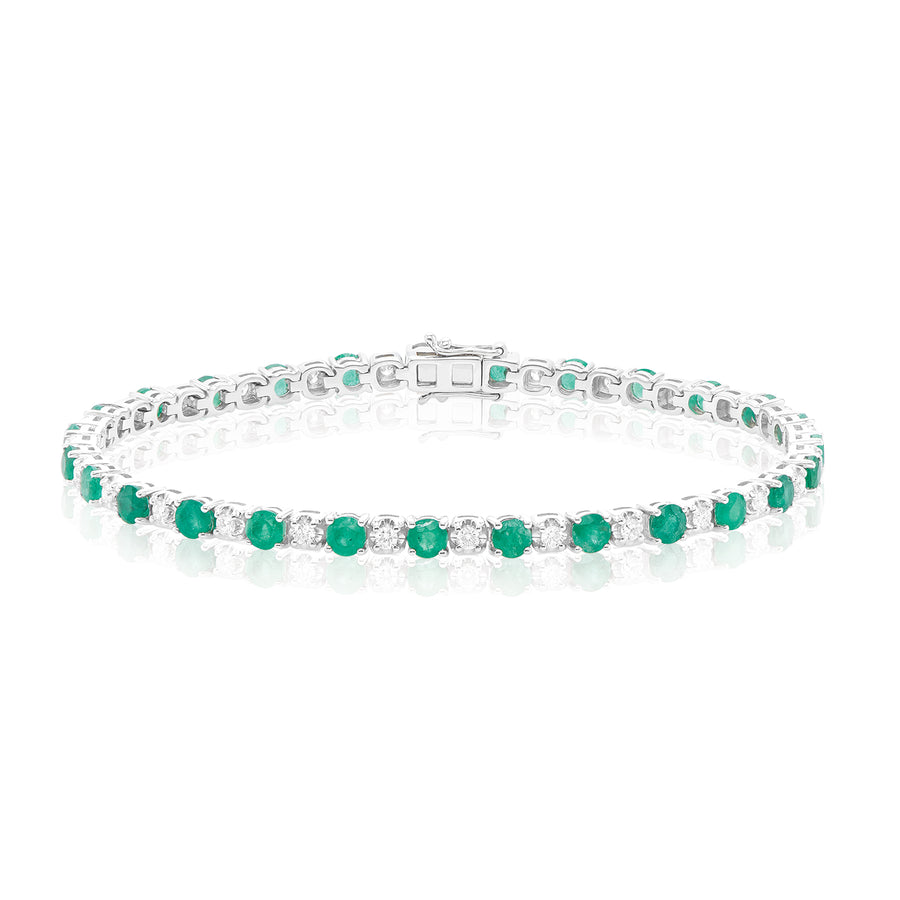 9ct White Gold Round Brilliant Cut 0.80 Carat tw of Diamonds and Emerald Tennis Bracelet